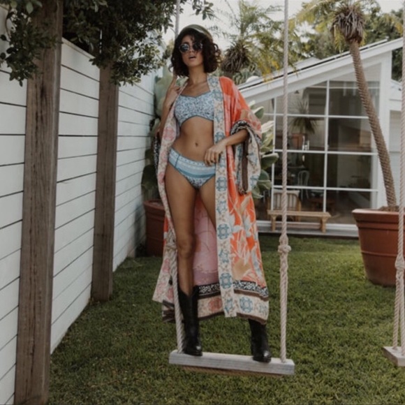 BOHO FLORAL Gypsy Bohemian Kimono Duster In Orange Pelican - Picture 8 of 12